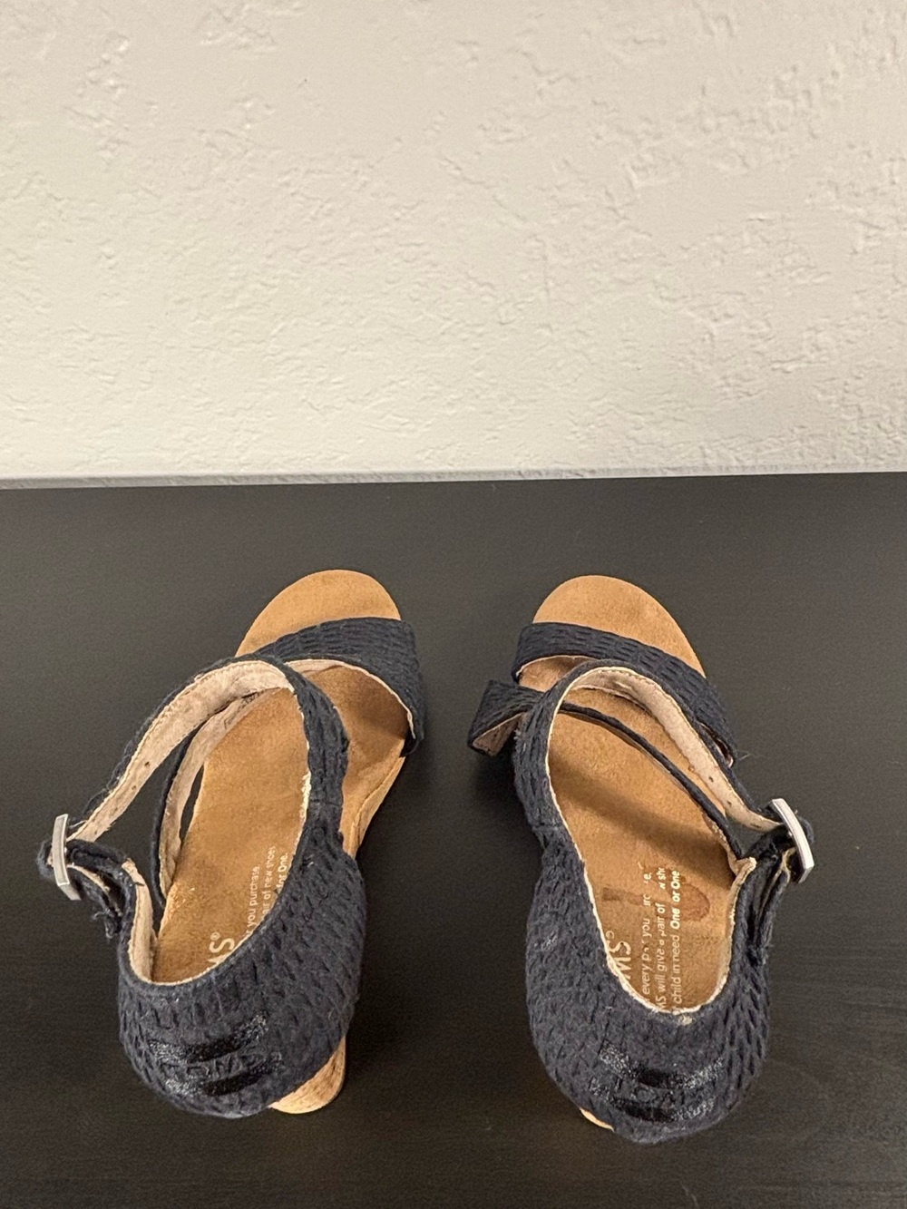 Toms Black Woven Canvas Cork Wedge Summer Spring Classy Sandals  Ankle Strap - Picture 7 of 13